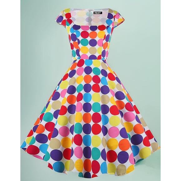 PUKAVT Women's Retro 1950 Party Swing Cocktail Dress LG Colorful Polka Dot - Picture 1 of 8